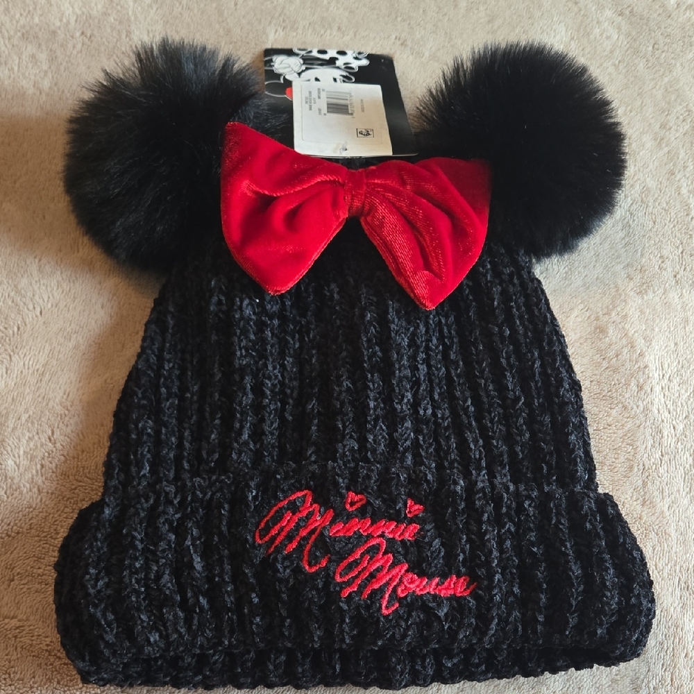Disney Minnie Mouse Black Knit Beanie/Hat with Red Bow